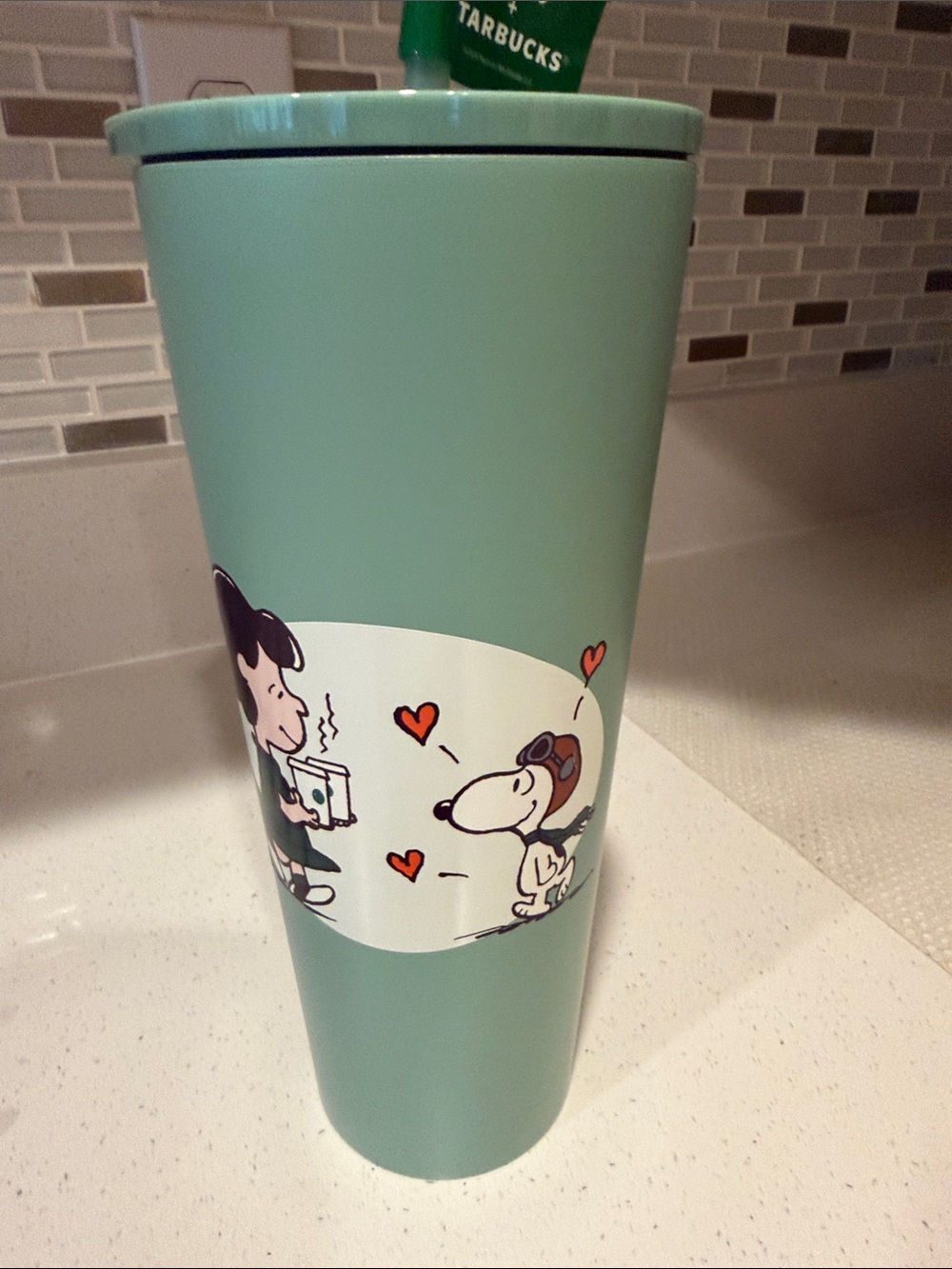 Starbucks Mint Green Peanuts Travel Tumbler with Character Art. New.